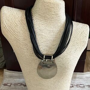 Natasha Couture Black Multi-Strand Necklace with Silver Disc Pendant